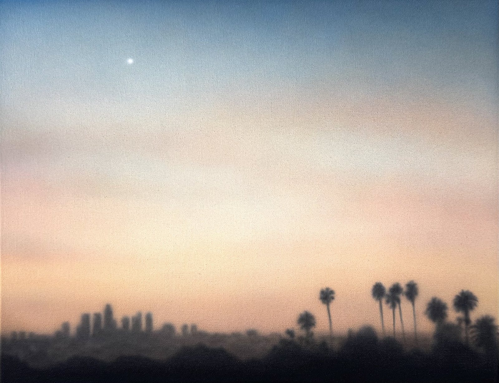 Painting of a hazy dusk sky over the Los Angeles skyline and palm trees, with a single bright star
