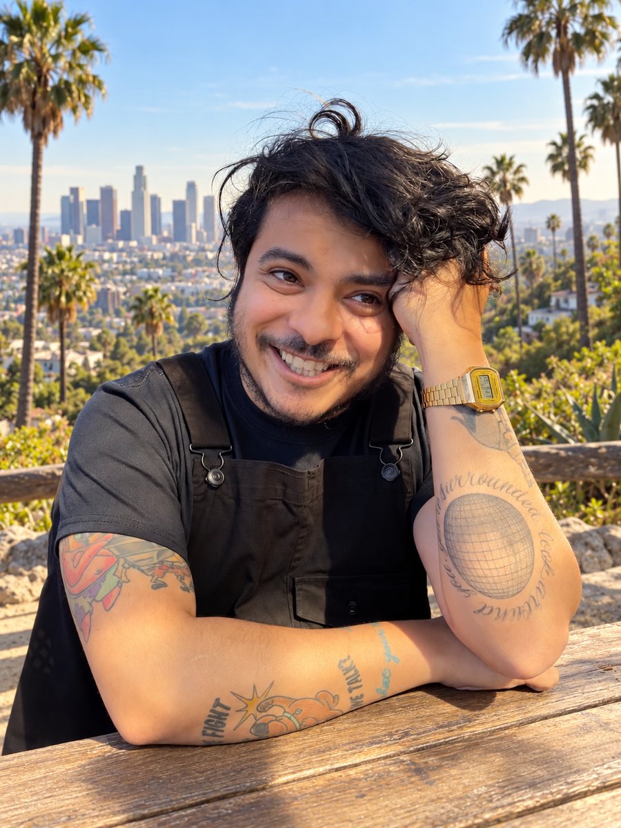 Raghav smiling, resting his head on his hand at a picnic table, with palm trees and the downtown Los Angeles skyline behind him